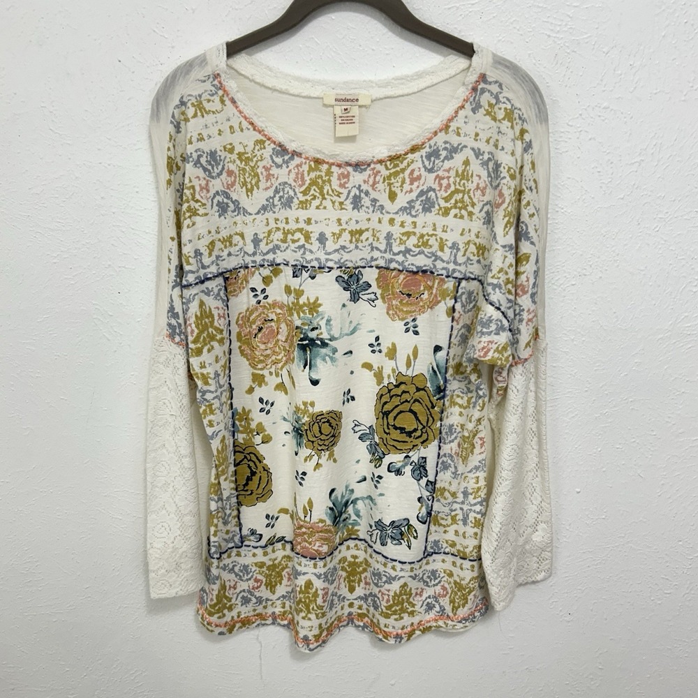 Sundance Tee Shirt Light Beige Floral Front‎ Long Lace Sleeve Boho Romantic Sz M
